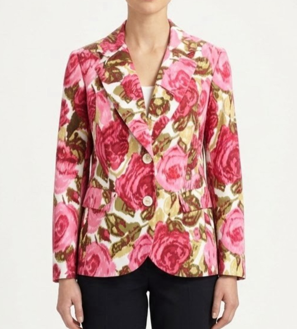 NWT Lafayette 148 Floral Blazer Jacket Pink Rose Cotton Two Button Lined 14